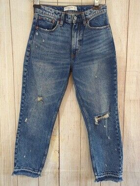 Abercrombie & Fitch  The Mom High Rise Raw Hem Distressed Ankle Jeans